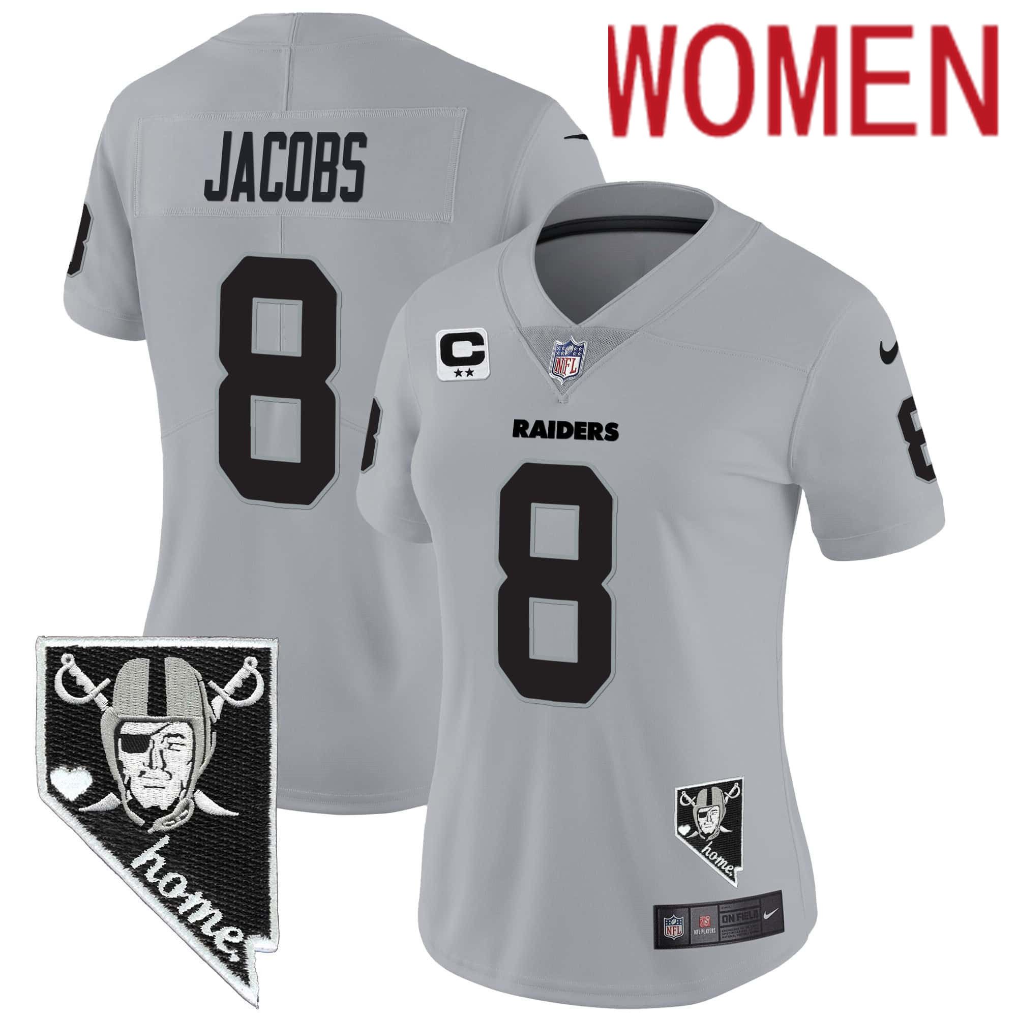 Women Oakland Raiders 8 Jacobs Grey 2024 Nike Nevada Home Patch Vapor NFL Jersey